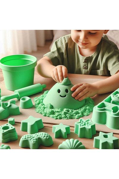 BuMeria (Natural) Green Kinetic Sand Set 500Gr |   Moldable, Non-Stick Play Sand Gift Molded