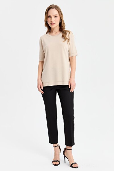 Desen Triko Γυναικεία μπλούζα με λαιμόκοψη με κουμπιά στο πλάι, λεπτή πλεκτή μπλούζα μπεζ