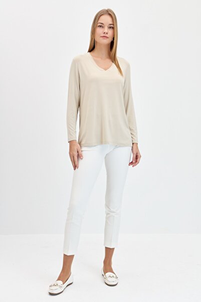 Desen Triko Women's V-Neck Glitter Ribbed Blouse Beige