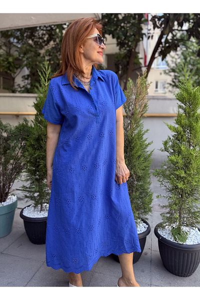 DenizEge Φόρεμα με κουμπιά με κέντημα Saks Blue
