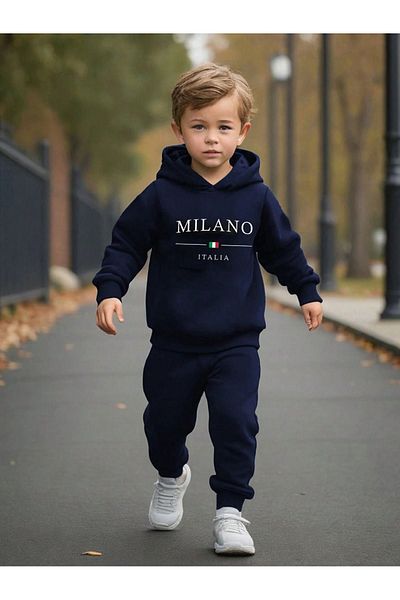 DUBU BUTİK Milano Italia Printed Cotton Children's Hooded Suit Navy Blue - Girl Boy