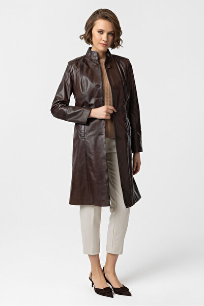 Deriderim Brown Laura Long Buttoned Slim Fit Lined Long Women's Genuine Leather Coat