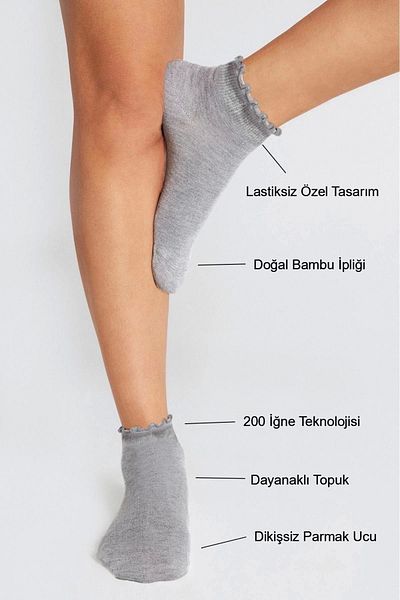 bamboo star Bamboo Women's Heart Patterned Ruffled Booties Elastic Seamless Gray Socks 3 Pack