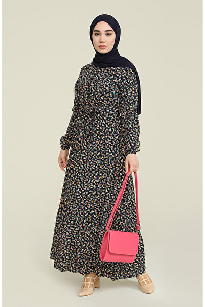 sefamerve Floral Patterned Dress 4066-03 Navy Blue