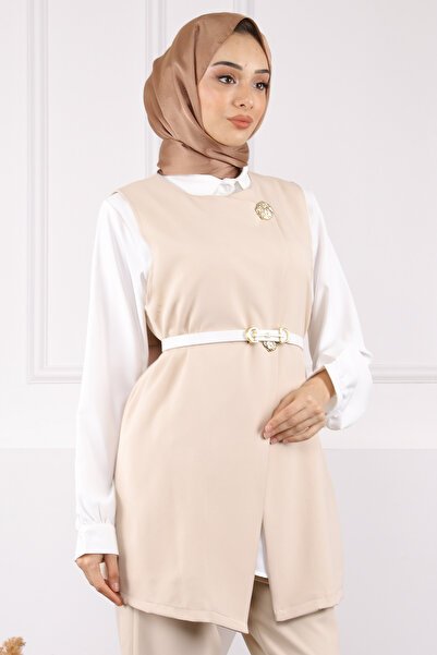 İmajButik Cream Shirt Vest Pants Triple Combination Set