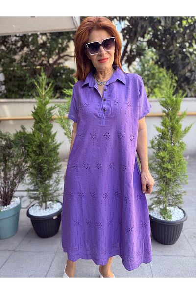 DenizEge Embroidered Button Dress Purple