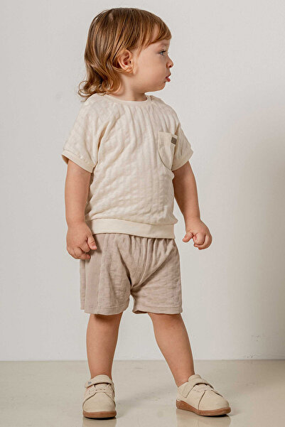 bombe Baby Kids Beige Cotton Short Sleeve Shorts 2-Piece Set Trend Fashion Bottom Top Set