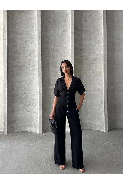 Bleu Petite Shirt Collar Linen Long Jumpsuit
