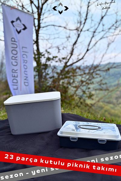 LİGROUND New Season 23 Pieces 4-Person Boxed Box with Handles and Lid Picnic Set Picnic Box Gray Picnic Basket