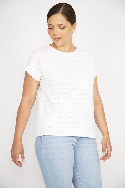 Şans Women's Large Size Bone Cotton Fabric Self Patterned Low Sleeve Blouse 65n36630
