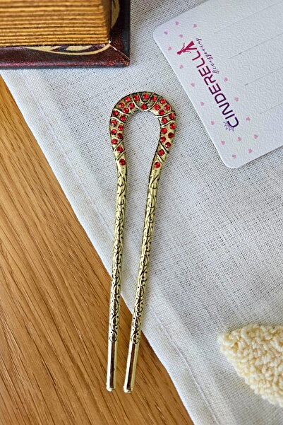 Cinderella Agrafă de coc din metal auriu vintage brodat cu piatră roșie 12,5 ...