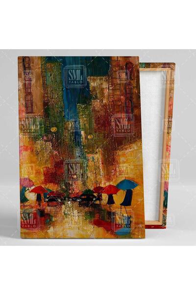 SML TABLO Sokakta Yürüyen Renkli Şemsiyeli Insanlar City Yağlı Boya Efektli Dekor Dikey Kanvas Tablo
