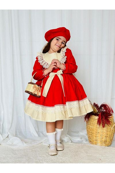 Hly Karol Tasarım Red Carnation Vintage Baby Girl Dress, Birthday Dress, Photo Shoot Dress, Suitable for 0-12 Years Old