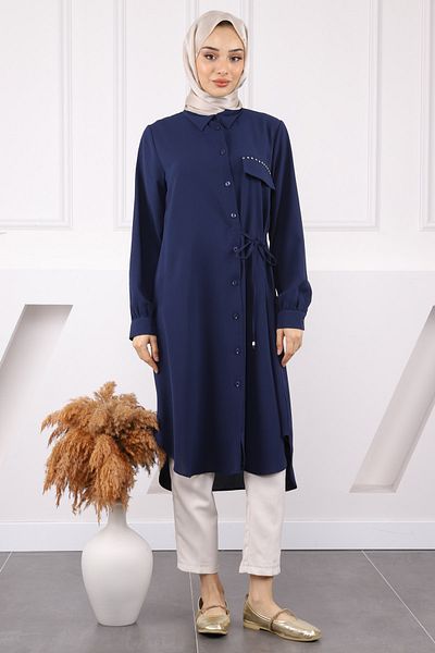 İmajButik Navy Blue Side Tie Linda Tunic