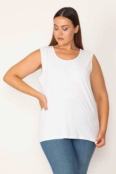 Şans Women's Large Size White Cotton Fabric Crew Neck Sleeveless Blouse 65n27624
