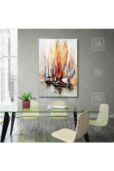 SML TABLO Renkli Yelkenli Sandallar Yağlı Boya Efektli Deniz Gemi Manzara Dik...