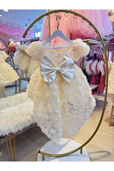 Hly Karol Tasarım Vintage φόρεμα για κοριτσάκι με κρεμ ουρά, φόρεμα γενεθλίων, φόρεμα για φωτογράφιση, κατάλληλο για ηλικίες 0-12 ετών