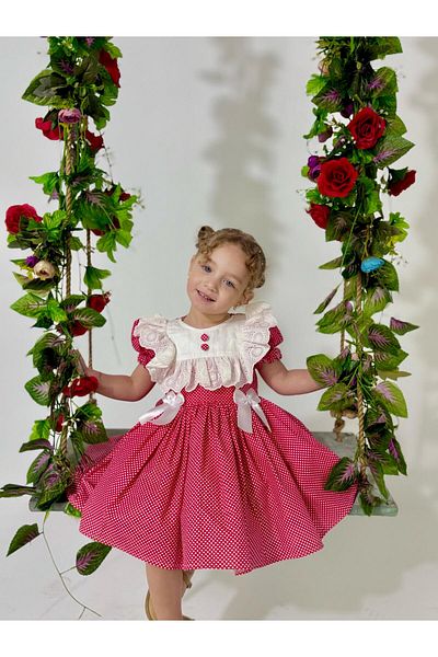 Hly Karol Tasarım Bay Red Buttoned Vintage Baby Girl Dress, Birthday Dress, Photo Shoot Dress, Suitable for Ages 0-7