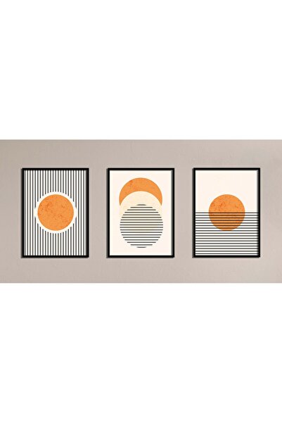 bestablo Ξύλινος πίνακας 3 τεμαχίων με πορτοκαλί ήλιο και ρίγες, διακόσμηση σ...