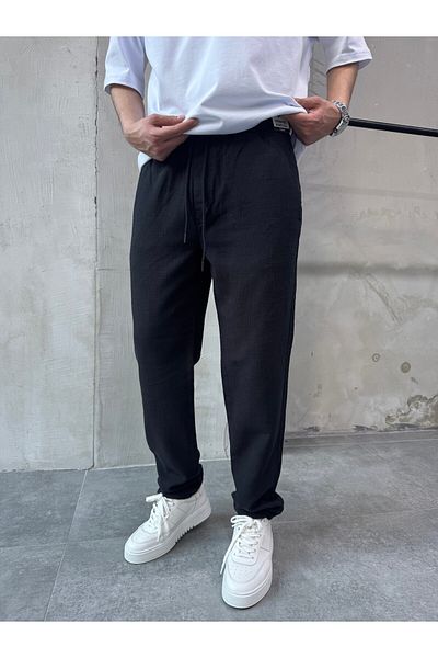 DİFRANSEL Black Relaks Fit Relaxed Cut Linen Trousers