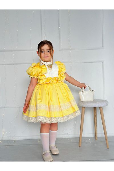 Hly Karol Tasarım Sunflower Yellow Vintage Baby Girl Dress, Birthday Dress, Photo Shoot Dress, Suitable for Ages 0-12