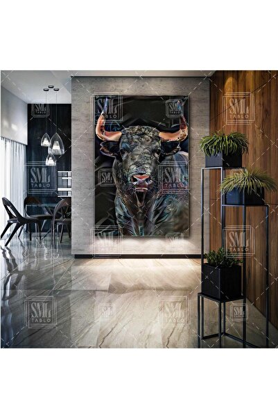 SML TABLO Sivri Boynuzlu Boğa Dijital Hayvan Art Modern Sanat Dikey Kanvas Tablo