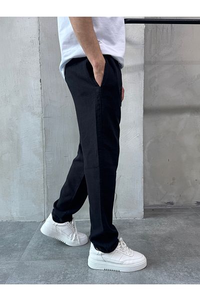 DİFRANSEL Black Relaks Fit Relaxed Cut Linen Trousers