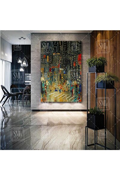 SML TABLO Gece Soyut Şehir Manzarası Street City Yağlı Boya Efektli Dekoratif...