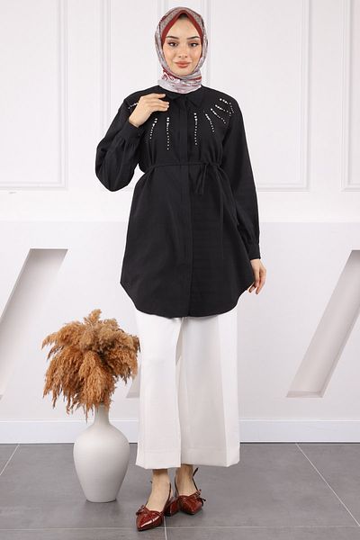 İmajButik Μαύρο Modal Tunic με Πέτρα στο μπροστινό μέρος