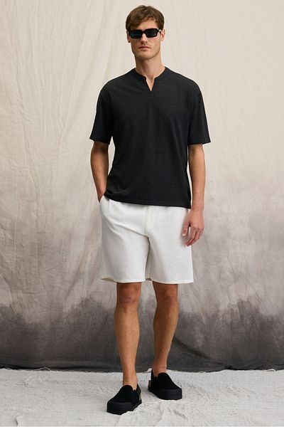 GRIMELANGE Tuomo Men's Judge Collar Short Placket Short Sleeve Relaxed Fit Black T-Shirt