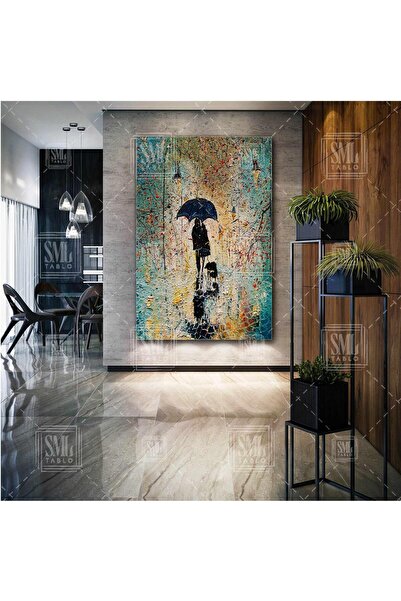SML TABLO Sokakta Yağmur Altında Yürüyen Şemsiyeli Çift Yağlı Boya Efektli De...