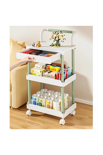 Herum Shelf with 3 shelves and drawer, with wheels, plastic, White/Green, 36.5 x 28 x 74.5 cm