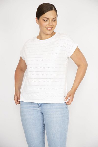 Şans Women's Large Size Bone Cotton Fabric Self Patterned Low Sleeve Blouse 65n36630