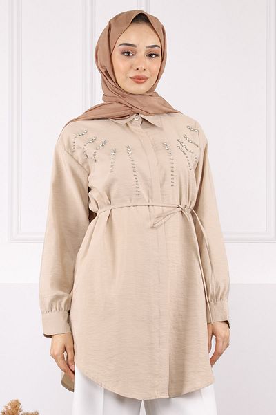 İmajButik Μπεζ Modal Tunic με Πέτρα στο μπροστινό μέρος