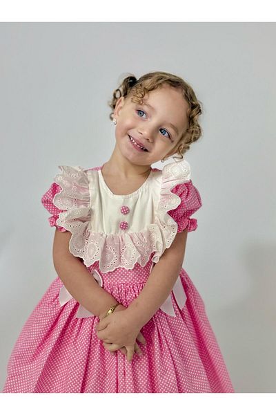 Hly Karol Tasarım Laurel Pink Buttoned Vintage Baby Girl Dress, Birthday Dress, Photo Shoot Dress, Suitable for 0-7 Years Old