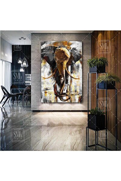 SML TABLO Fil Ve Bakıcısı Afrikalı Çoçuk Hayvan Dikey Kanvas Tablo