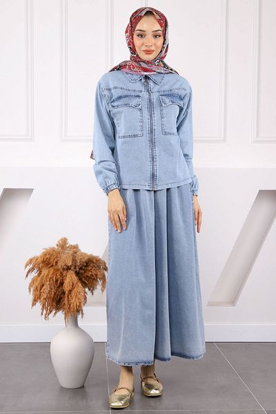 İmajButik Σετ τζιν μπλε σακάκι φούστα