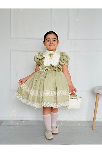 Hly Karol Tasarım Grass Green Vintage Baby Girl Dress, Birthday Dress, Photo Shoot Dress, Suitable for 0-12 Years Old