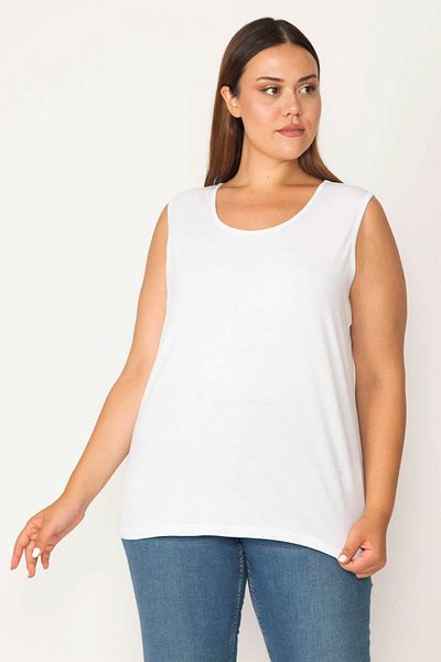 Şans Women's Large Size White Cotton Fabric Crew Neck Sleeveless Blouse 65n27624