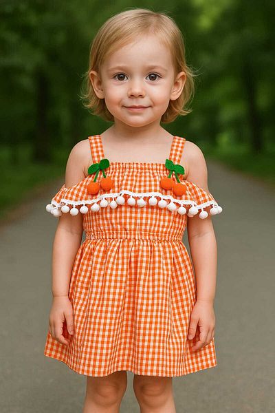 gigigiyim Plaid Patterned Cherry Girl's Dress Orange