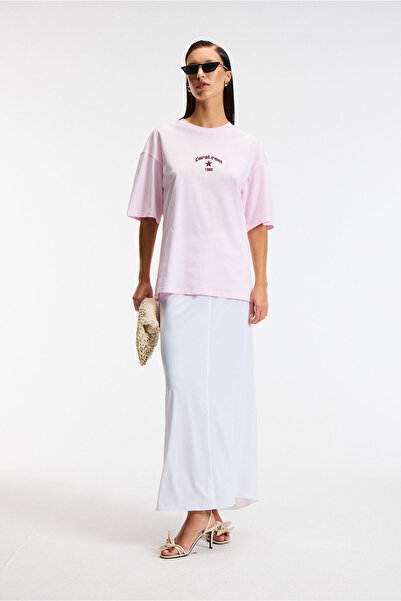 ETHIQUET TAVENA Γυναικείο 100% βαμβακερό εμπριμέ Oversize Fit κοντομάνικο στρογγυλό λαιμό ροζ μπλουζάκι