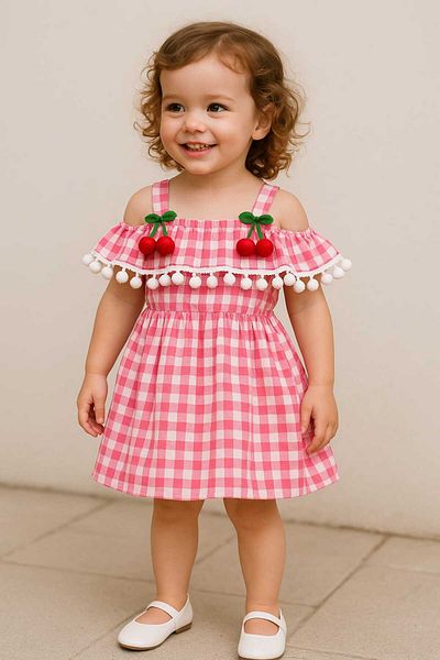 gigigiyim Plaid Patterned Cherry Girl's Dress Pink