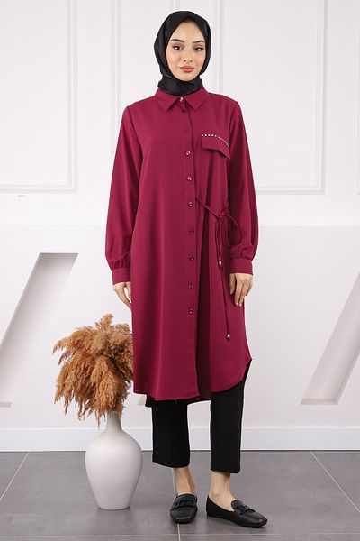 İmajButik Burgundy Side Tie Linda Tunic