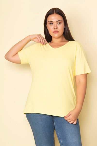 Şans Women's Large Size Yellow Cotton Fabric V-Neck Short Sleeve Blouse 65n27533