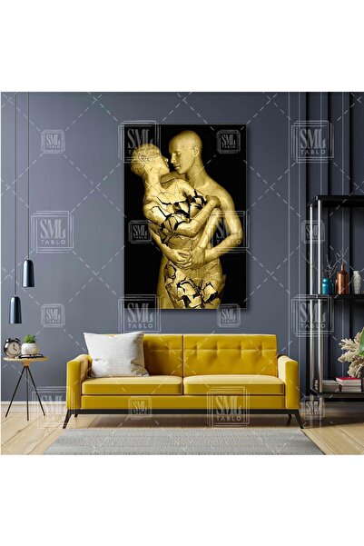 SML TABLO Birbirine Sarılan Altın Çatlamış Mozaik Heykel Çift Aşk Love Dikey ...