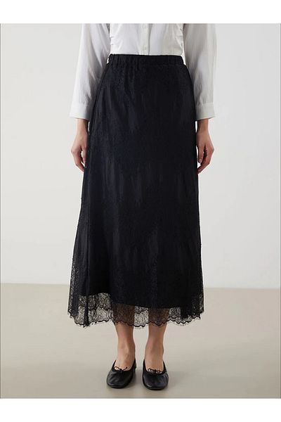 LC Waikiki LCW Modest Black Fusta Brode cu model cu talie elastică