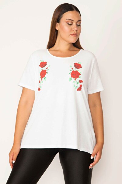 Şans Γυναικεία κοντομάνικη μπλούζα με δαντέλα από λευκό βαμβακερό ύφασμα μεγάλου μεγέθους 65n27659