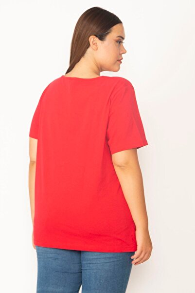 Şans Women's Large Size Red Cotton Fabric Crew Neck Printed Blouse 65n27368