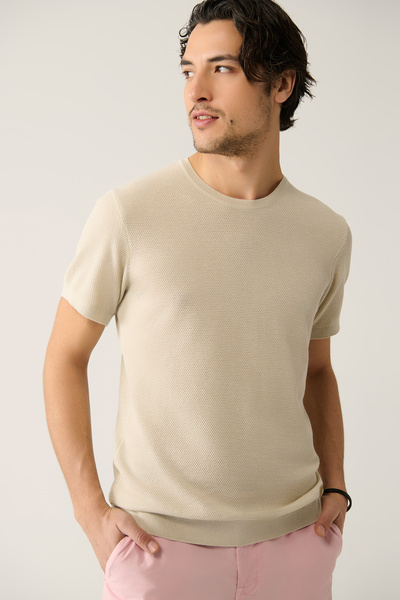 Avva Herren-T-Shirt aus strukturierter Baumwolle in Hellbeige mit Rundhalsausschnitt E 005027