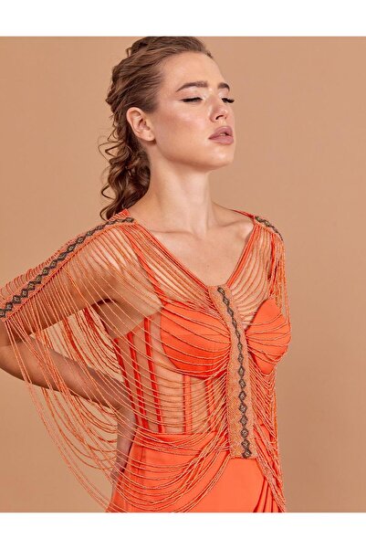 MİSS DİAMOND Boncuk İşlemeli Bolerolu Abiye Oranj